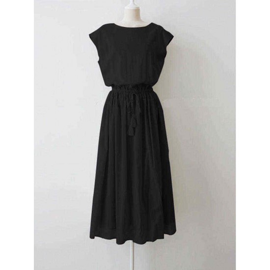 Vintage Solid Color Drawstring Loose Dress