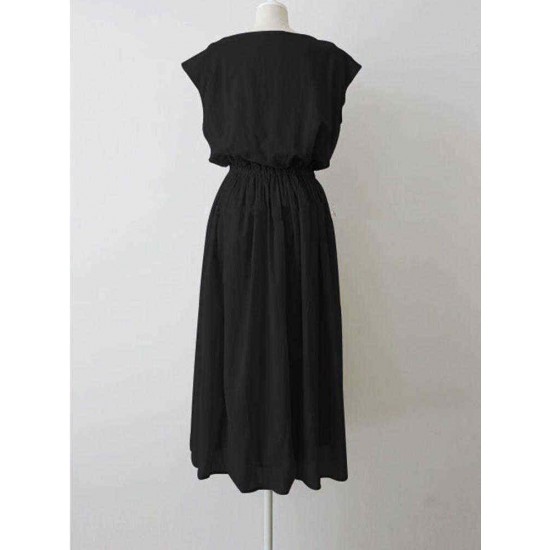 Vintage Solid Color Drawstring Loose Dress