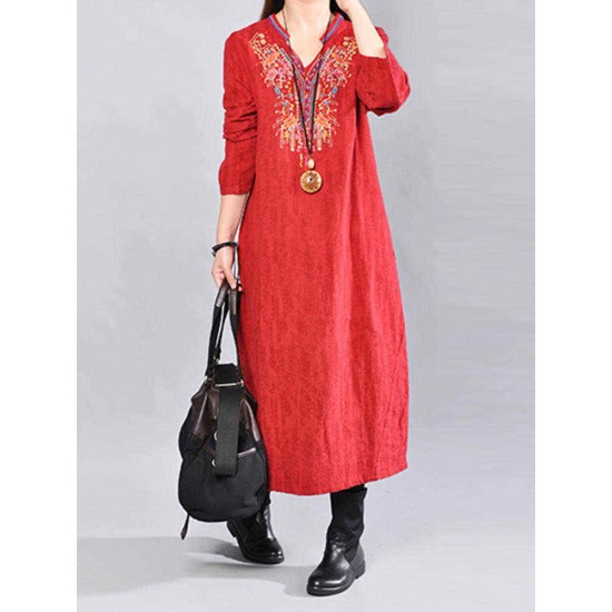 Vintage Women Embroidery V-Neck Dress