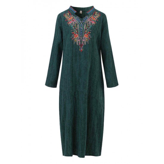 Vintage Women Embroidery V-Neck Dress