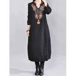 Vintage Women Embroidery V-Neck Dress