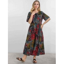 Vintage Women Floral Printed Short Sleeve O-Neck A-Line Dress