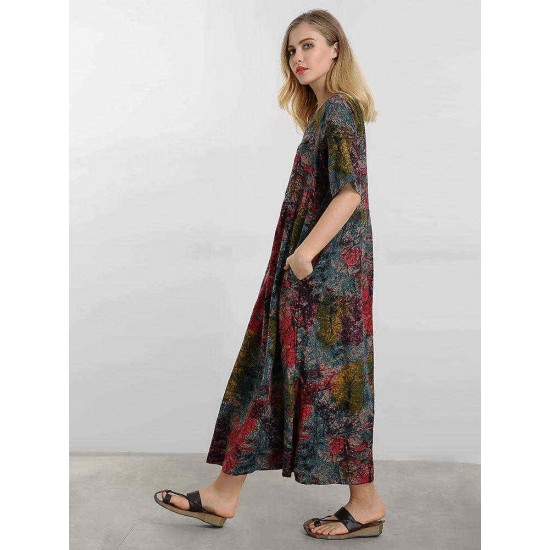 Vintage Women Floral Printed Short Sleeve O-Neck A-Line Dress Vintage Women Floral Printed Short Sleeve O-Neck A-Line Dress