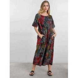 Vintage Women Floral Printed Short Sleeve O-Neck A-Line Dress