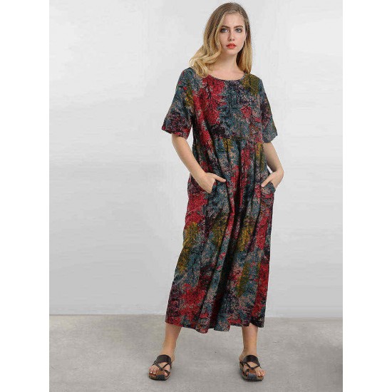 Vintage Women Floral Printed Short Sleeve O-Neck A-Line Dress Vintage Women Floral Printed Short Sleeve O-Neck A-Line Dress