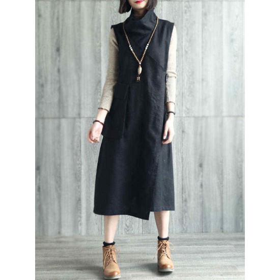 Vintage Women Irregular Pocket Sleeveless Dress