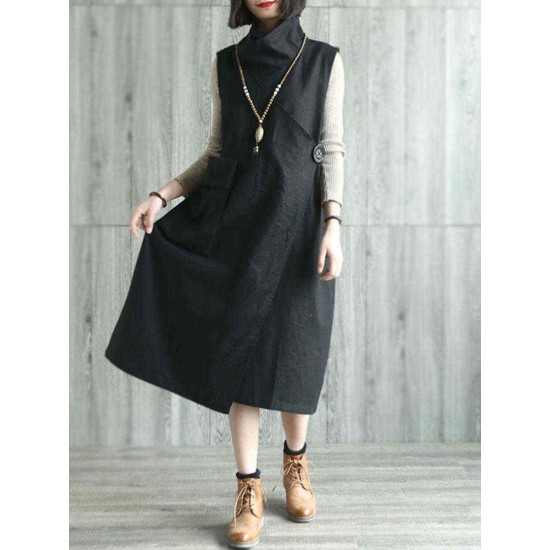 Vintage Women Irregular Pocket Sleeveless Dress