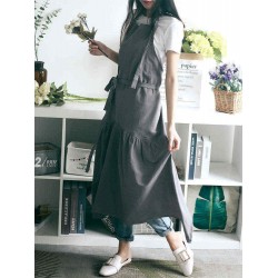 Vintage Women Japanese Cotton Linen Solid Color Pleated Long Aprons Dress