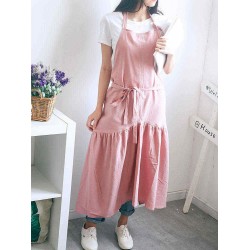 Vintage Women Japanese Cotton Linen Solid Color Pleated Long Aprons Dress