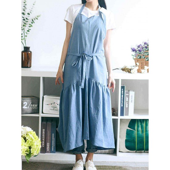 Vintage Women Japanese Cotton Linen Solid Color Pleated Long Aprons Dress Vintage Women Japanese Cotton Linen Solid Color Pleated Long Aprons Dress