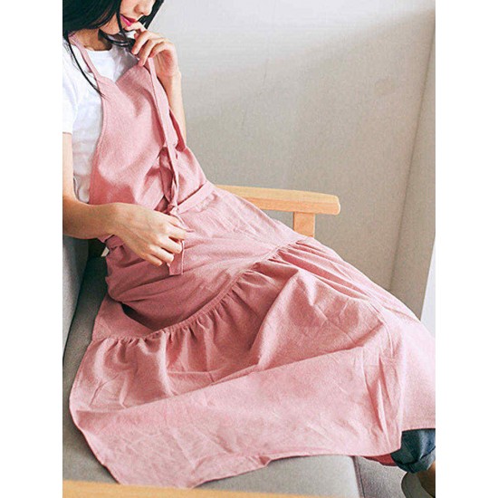 Vintage Women Japanese Cotton Linen Solid Color Pleated Long Aprons Dress Vintage Women Japanese Cotton Linen Solid Color Pleated Long Aprons Dress