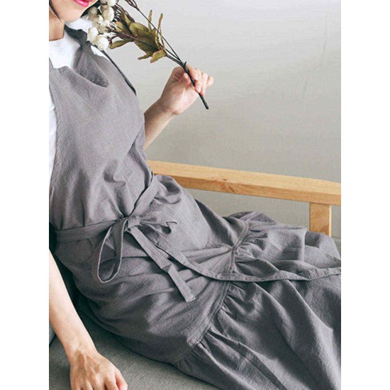Vintage Women Japanese Cotton Linen Solid Color Pleated Long Aprons Dress Vintage Women Japanese Cotton Linen Solid Color Pleated Long Aprons Dress