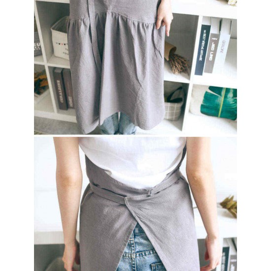 Vintage Women Japanese Cotton Linen Solid Color Pleated Long Aprons Dress Vintage Women Japanese Cotton Linen Solid Color Pleated Long Aprons Dress