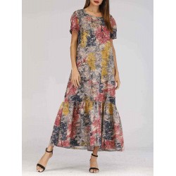 Women Art Printed Short Sleeve Pockets Maxi Dress