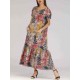 Women Art Printed Short Sleeve Pockets Maxi Dress