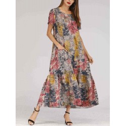 Women Art Printed Short Sleeve Pockets Maxi Dress