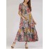 Women Art Printed Short Sleeve Pockets Maxi Dress