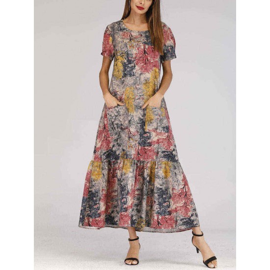 Women Art Printed Short Sleeve Pockets Maxi Dress