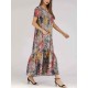 Women Art Printed Short Sleeve Pockets Maxi Dress