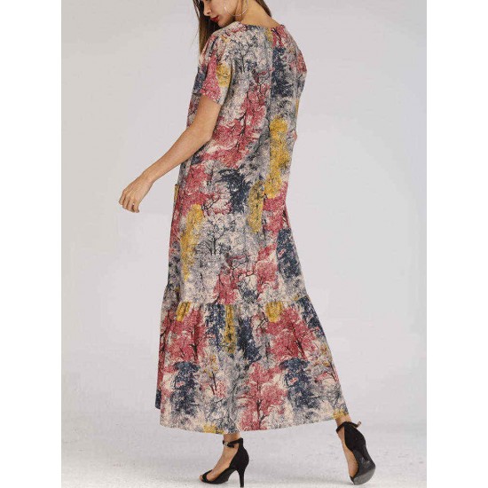 Women Art Printed Short Sleeve Pockets Maxi Dress