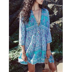 Women Bohemian Floral Print V-neck 3/4 Sleeve Dress