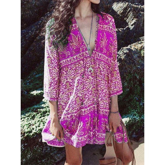 Women Bohemian Floral Print V-neck 3/4 Sleeve Dress