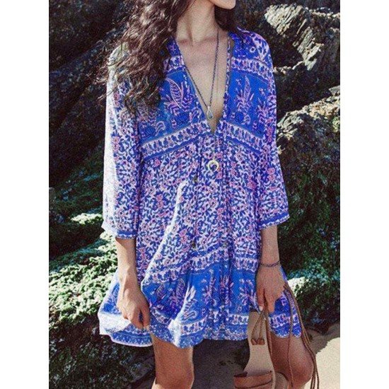 Women Bohemian Floral Print V-neck 3/4 Sleeve Dress