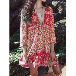 Women Bohemian Floral Print V-neck 3/4 Sleeve Dress