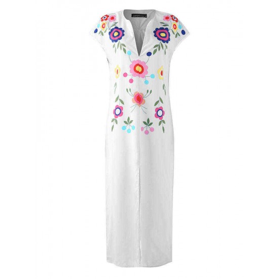 Women Bohemian Floral Print V-neck Short Sleeve Split Hem Dress