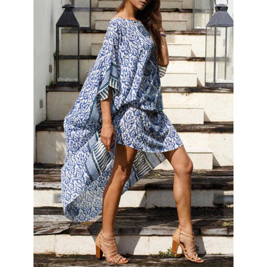 Women Bohemian Printed Bawting Sleeve Beach Dress