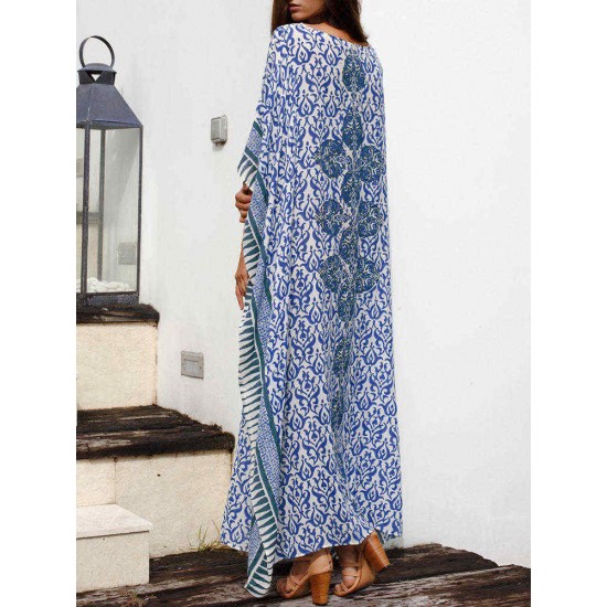 Women Bohemian Printed Bawting Sleeve Beach Dress