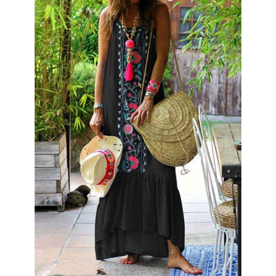 Women Bohemian Printed Straps Ruffles Hem Holiday Maxi Dress