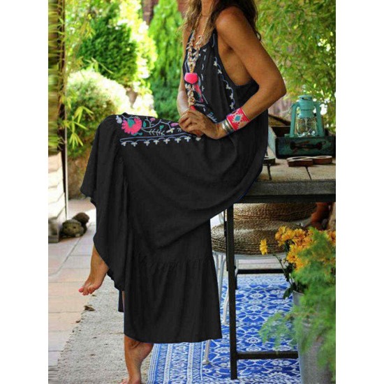 Women Bohemian Printed Straps Ruffles Hem Holiday Maxi Dress