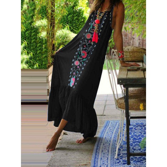 Women Bohemian Printed Straps Ruffles Hem Holiday Maxi Dress