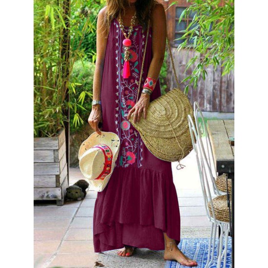 Women Bohemian Printed Straps Ruffles Hem Holiday Maxi Dress