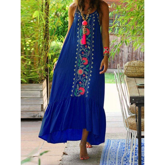 Women Bohemian Printed Straps Ruffles Hem Holiday Maxi Dress