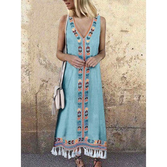 Women Bohemian Printed V-neck Sleeveless Tassels Dress