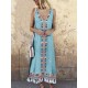 Women Bohemian Printed V-neck Sleeveless Tassels Dress