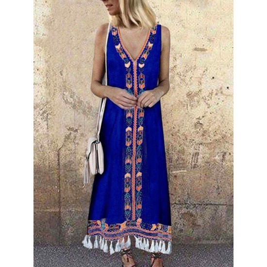 Women Bohemian Printed V-neck Sleeveless Tassels Dress