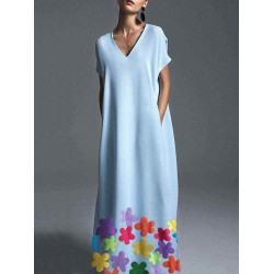 Women Bohemian V-neck Short Sleeve Floral Maxi Dress