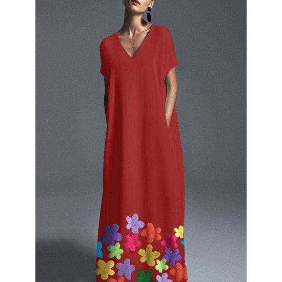 Women Bohemian V-neck Short Sleeve Floral Maxi Dress