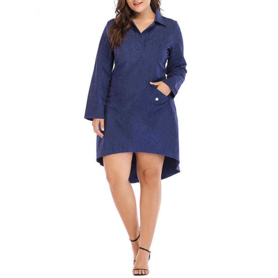 Women Brief Work Style Long Sleeves Irregular Hem Dress with Button