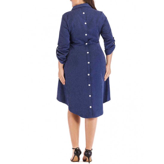 Women Brief Work Style Long Sleeves Irregular Hem Dress with Button