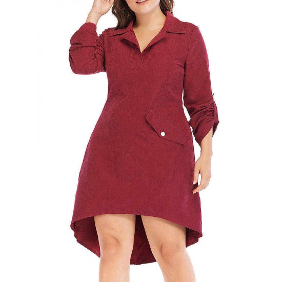 Women Brief Work Style Long Sleeves Irregular Hem Dress with Button