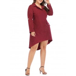 Women Brief Work Style Long Sleeves Irregular Hem Dress with Button