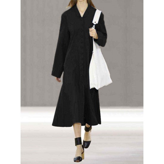 Women Button Turn-down Collar Long Sleeve Casual Dress