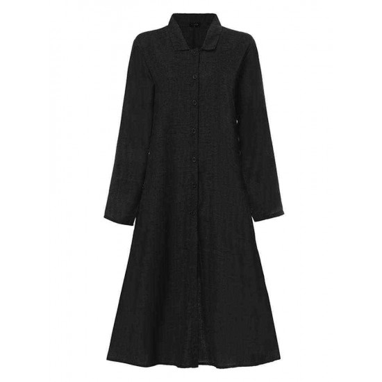 Women Button Turn-down Collar Long Sleeve Casual Dress