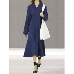 Women Button Turn-down Collar Long Sleeve Casual Dress