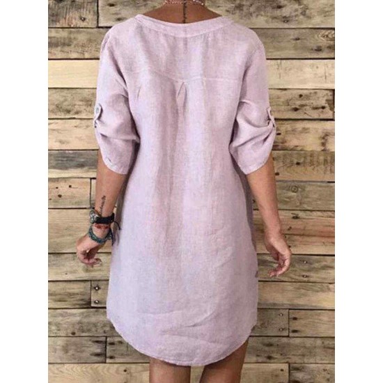 Women Casual Adjustable Sleeve V-neck Loose Dress