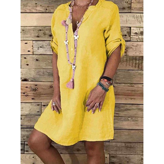 Women Casual Adjustable Sleeve V-neck Loose Dress